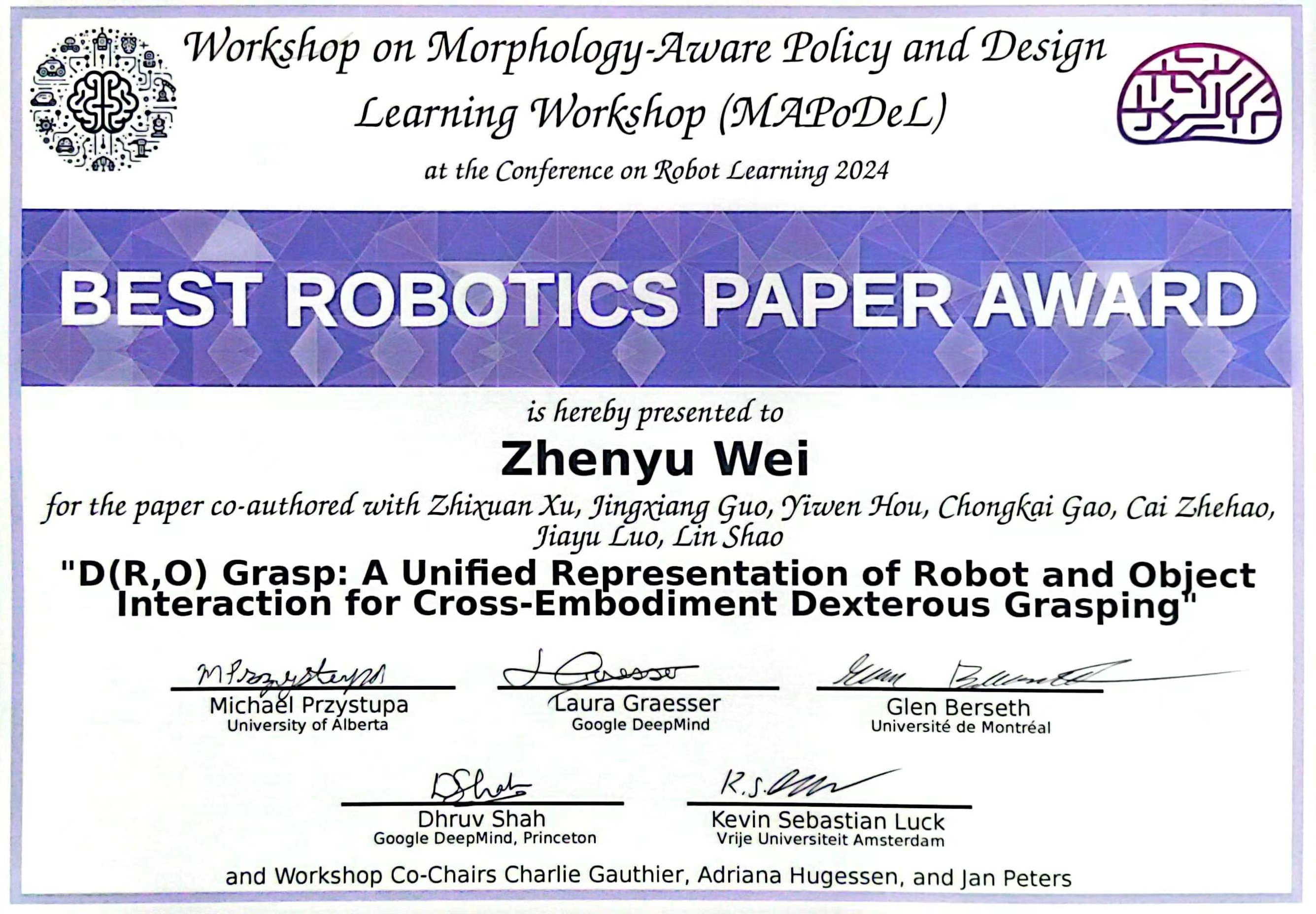 Best Robotics Paper Award at CoRL 2024 MAPoDeL Workshop